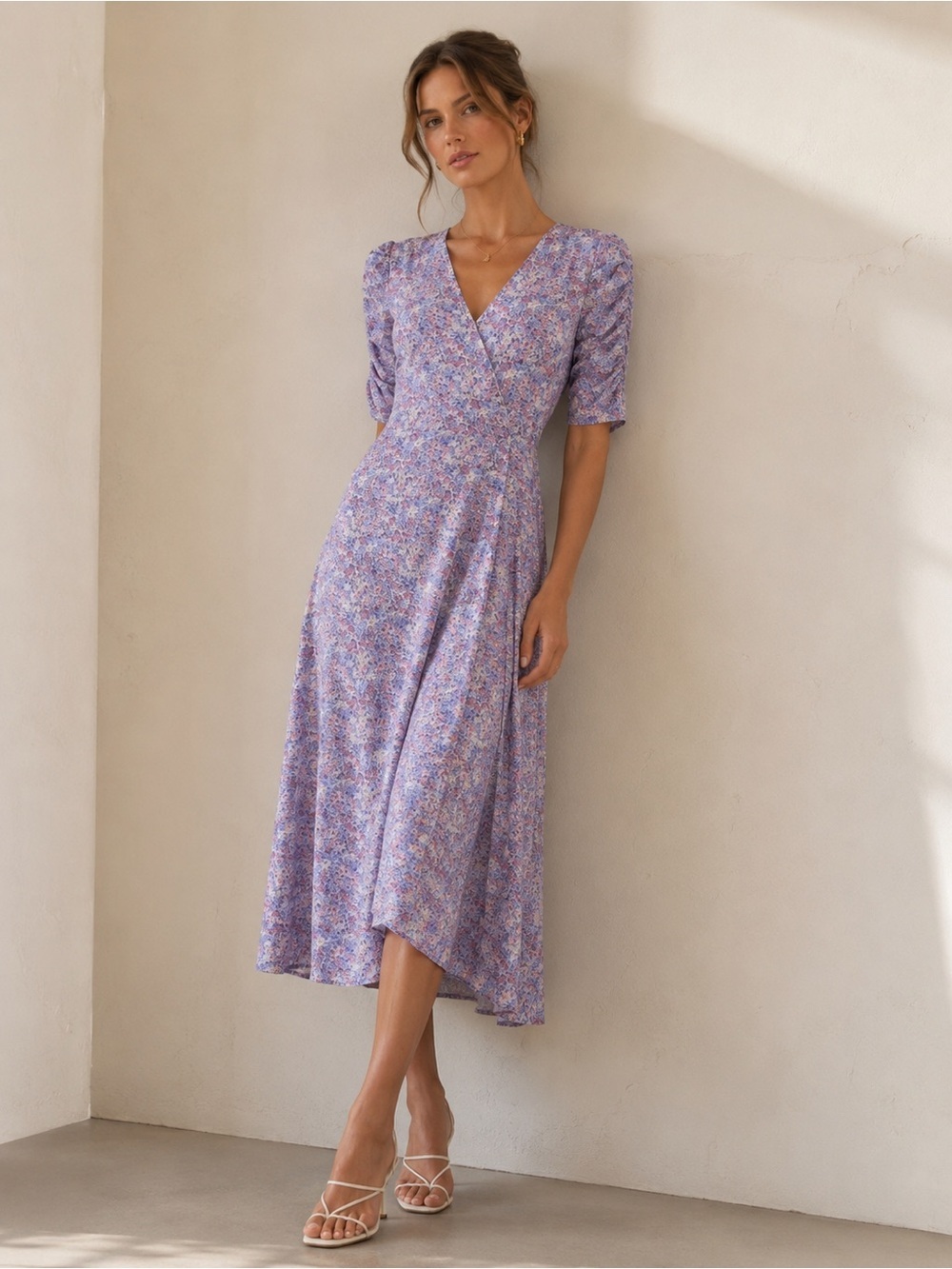 En Saison Lilac Purple V-Neck Floral Midi Dress Cottagecore Feminine Romantic S